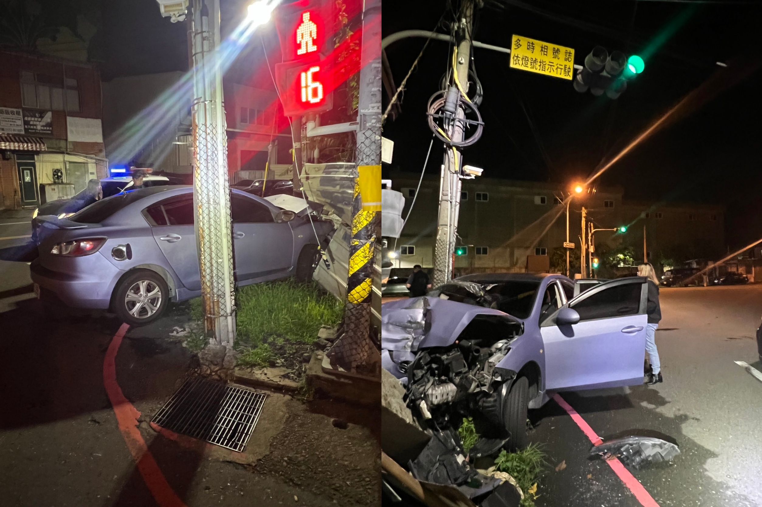 ▲車子送修開代步車，卻掛其他車號牌遭警攔，卻因無照駕駛心虛遇警攔檢時拒檢逃竄而自撞，車頭幾乎全毀（警方提供）