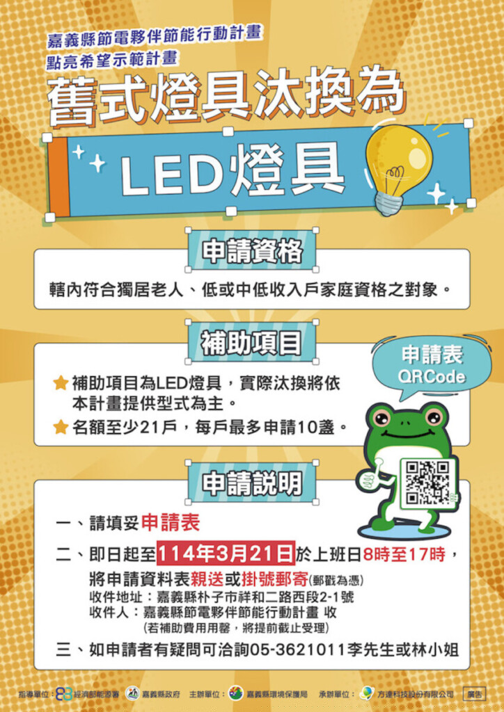 嘉縣補助獨居老人、中低收入汰換LED燈具