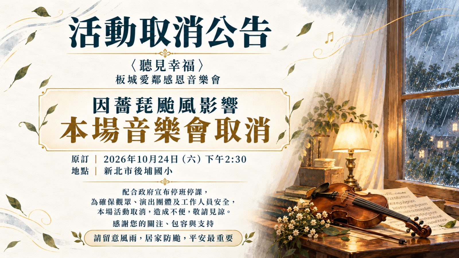薔琵颱風影響 10/24〈聽見幸福〉音樂會取消