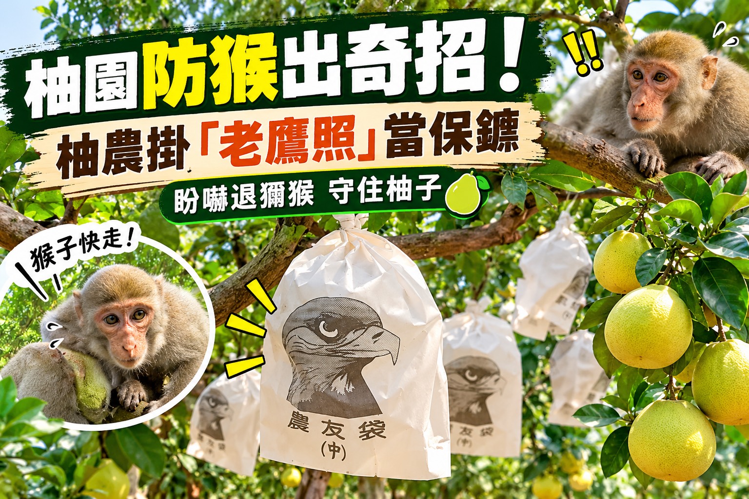 白柚遭猴群洗劫一空　今年果農祭出老鷹套袋反制